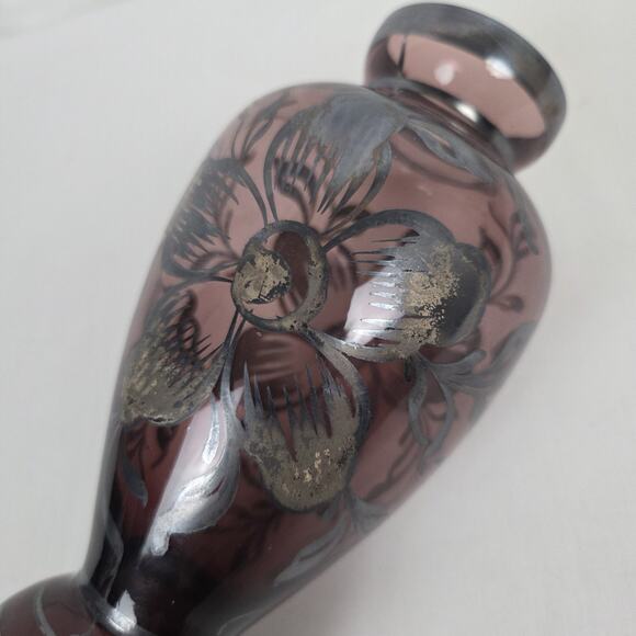 Vintage Amethyst Hand Blown Glass Vase Floral Silver Overlay 5.5" Purple Flowers - Picture 11 of 12